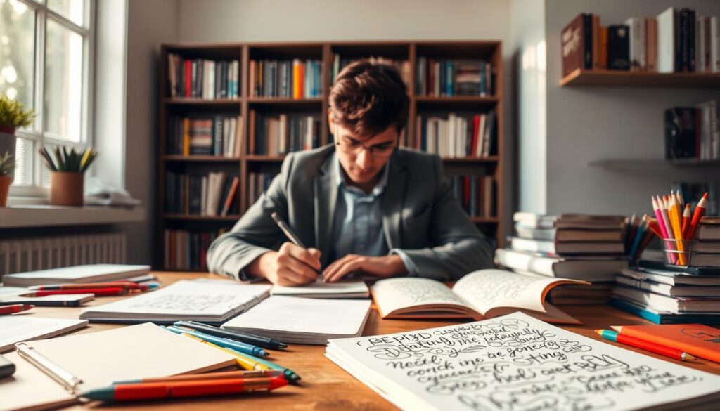 A serene workspace filled with writing tools. In the foreground, a wooden desk is scattered with neatly arranged notebooks, colorful pens, and an open journal displaying intricate handwritten notes and doodles. The middle ground features a focused individual, wearing smart casual attire, deeply engaged in writing practice. Soft, natural light streams through a nearby window, casting gentle shadows. In the background, a wall lined with shelves filled with books about handwriting and art provides an intellectual atmosphere. The overall mood is one of concentration and creativity, showcasing the importance of constant practice in improving writing skills.