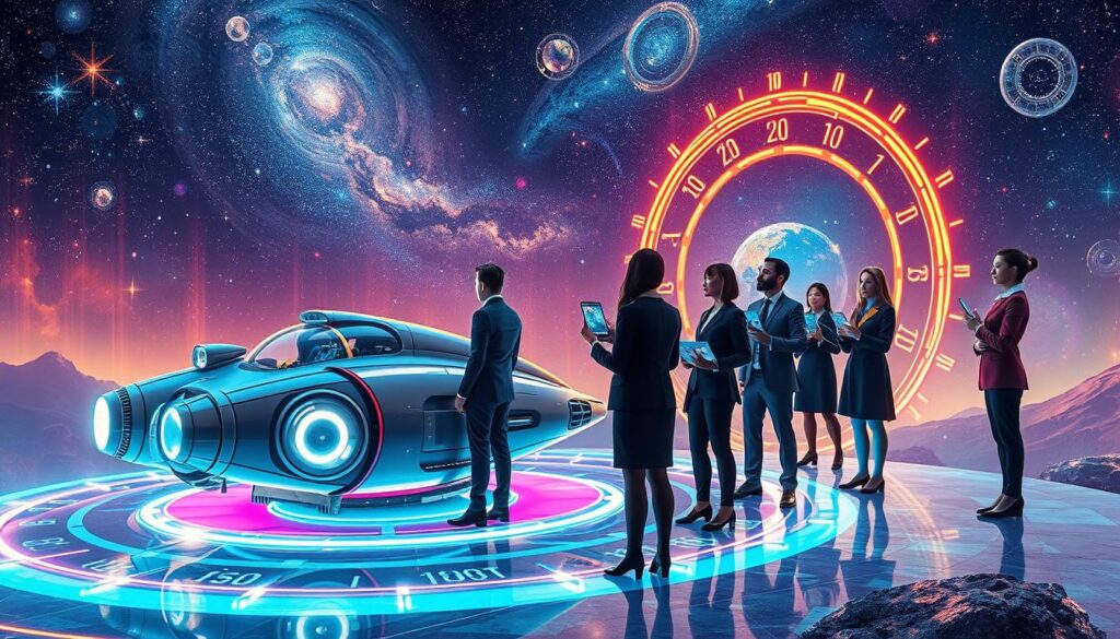 A surreal and captivating depiction of time travel and destiny in a science fiction theme. In the foreground, a sleek, futuristic time machine with glowing elements and intricate details is parked on a vibrant, spiraling time portal. The middle ground features diverse figures in professional business attire, gazing in awe at the shimmering portal while holding futuristic devices that display maps of time. The background is a cosmic landscape filled with swirling galaxies, star clusters, and neon time markers, creating an atmospheric blend of curiosity and adventure. The lighting is dynamic and ethereal, casting colorful reflections on the characters, highlighting a mood of exploration and wonder. The image should have a high-resolution format with a slight depth of field to focus on the time machine and characters while softly blurring the distant cosmic elements.
