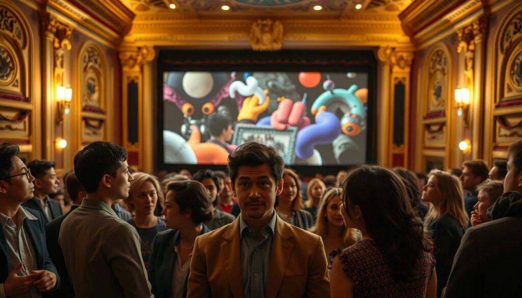 A surreal theatre scene that captures the essence of unconventional films challenging traditional clichés. In the foreground, a diverse group of people thoughtfully discussing a film, dressed in smart casual attire, with engaged expressions reflecting excitement and curiosity. In the middle, a large movie screen displays abstract imagery, illustrating unique storytelling elements—twisting plots, vibrant colors, and unexpected character arcs. Behind them, the theatre’s interior has ornate decor, with soft golden lighting creating an inviting, warm atmosphere. Use a wide-angle lens effect to emphasize the crowd's energy and connection to the screen. The atmosphere is dynamic yet introspective, inviting viewers to explore uncharted cinematic territories and the magic of storytelling.