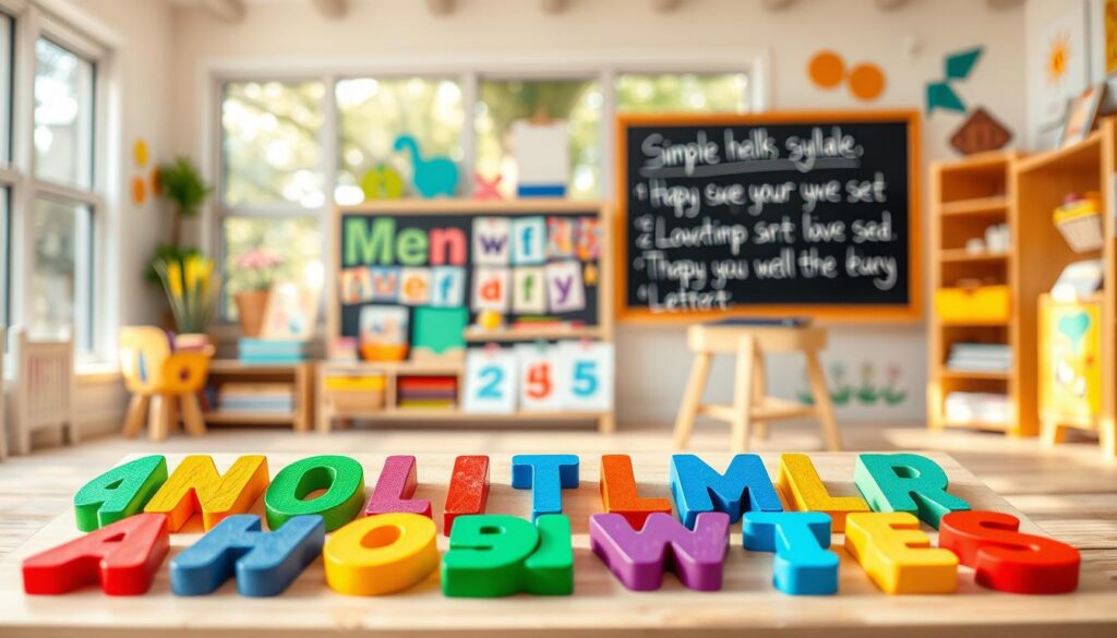 A vibrant and engaging educational scene showcasing uppercase and lowercase letters. In the foreground, a colorful wooden alphabet puzzle with prominently displayed letters in various shapes and sizes. The middle area features playful, child-friendly classroom materials, such as colorful flashcards and a chalkboard displaying simple syllable exercises. In the background, a bright, cheerful classroom environment with large windows allowing warm sunlight to stream in, creating a welcoming atmosphere. Soft focus on children’s artwork adorning the walls enhances the educational vibe. The overall mood is lively and encouraging, inspiring a love for learning. Soft, natural lighting accentuates the colors and textures, creating a visually appealing composition that invites young learners to explore the relationship between uppercase and lowercase letters.