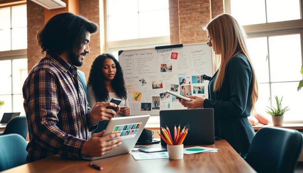 A vibrant and engaging scene depicting a diverse group of young professionals gathered around a modern workspace, creating visually appealing social media content for Instagram. In the foreground, two individuals, one with dark hair and the other with blonde hair, are intently reviewing a smartphone and laptop filled with colorful graphics and images. In the middle ground, a whiteboard filled with brainstorming notes and strategies for engagement stands out, showcasing various content ideas. The background features large windows letting in warm, natural light, illuminating the room's contemporary decor. The atmosphere is collaborative and energetic, highlighting the importance of relevant content in building a loyal following. The image captures the essence of creativity and teamwork in the digital marketing process.