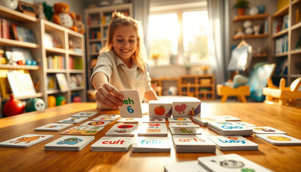 A vibrant and engaging scene featuring a memory game on a wooden table, with colorful cards displaying various images and words. In the foreground, visible cards show playful illustrations of animals, fruits, and everyday objects, paired with their respective words in bright, playful fonts. The middle ground includes a pair of hands of a person dressed in casual clothing, energetically flipping over a card, the excitement visible on their face as they concentrate. In the background, a softly lit room with warm sunlight spilling in through a window creates a cozy atmosphere, with bookshelves filled with children’s books and educational toys scattered around. The overall mood is cheerful, promoting a sense of fun and learning.