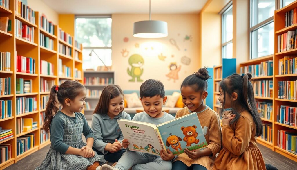A vibrant and inviting children's library scene, filled with colorful bookshelves overflowing with diverse children's literature. In the foreground, a group of children aged 5 to 8, dressed in modest casual clothing, are eagerly engaged in a storytelling session, with one child animatedly reading from a large picture book. In the middle, a cozy reading nook with plush cushions, soft lighting from an overhead lamp creating a warm atmosphere, and whimsical wall art featuring playful illustrations. The background showcases large windows allowing natural light to flood in, enhancing the cheerful ambiance. The mood is joyful and nurturing, emphasizing the importance of reading in expanding vocabulary and communication skills among young children.
