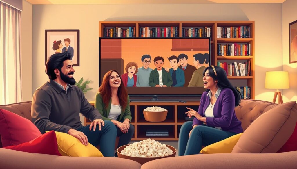 A vibrant and lively illustration depicting a modern Netflix comedy series set in a cozy living room. In the foreground, a diverse group of four friends—two men and two women—are laughing joyfully as they watch a show on a large TV screen. The friends are dressed in smart casual clothing, showcasing a warm and friendly atmosphere. In the middle ground, there are playful decorations such as colorful cushions and a bowl of popcorn, enhancing the comedic vibe. The background features a stylish bookshelf filled with various comedy DVDs and novels. Soft, inviting lighting fills the room, casting a warm glow, while the angle captures the expressions of delight in the friends’ faces, emphasizing the transformative power of humor.