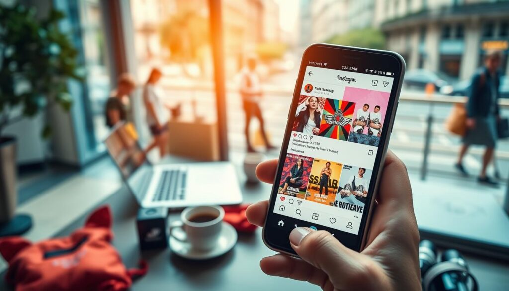 A vibrant and visually captivating scene showcasing a brand's presence on Instagram. In the foreground, a smartphone held by a hand, displaying a colorful Instagram feed filled with eye-catching product images and engaging content. In the middle ground, a stylish workspace with a laptop, coffee cup, and branded merchandise creatively arranged, suggesting the hustle of content creation. The background features a soft-focus urban landscape with people enjoying their day, symbolizing the social aspect of Instagram. Soft, natural lighting enhances the warm and inviting atmosphere, while a slight lens blur adds depth to the image, emphasizing the smartphone as the focal point. The overall mood conveys excitement and creativity around brand exposure on social media. A vibrant and visually captivating scene showcasing a brand's presence on Instagram. In the foreground, a smartphone held by a hand, displaying a colorful Instagram feed filled with eye-catching product images and engaging content. In the middle ground, a stylish workspace with a laptop, coffee cup, and branded merchandise creatively arranged, suggesting the hustle of content creation. The background features a soft-focus urban landscape with people enjoying their day, symbolizing the social aspect of Instagram. Soft, natural lighting enhances the warm and inviting atmosphere, while a slight lens blur adds depth to the image, emphasizing the smartphone as the focal point. The overall mood conveys excitement and creativity around brand exposure on social media.