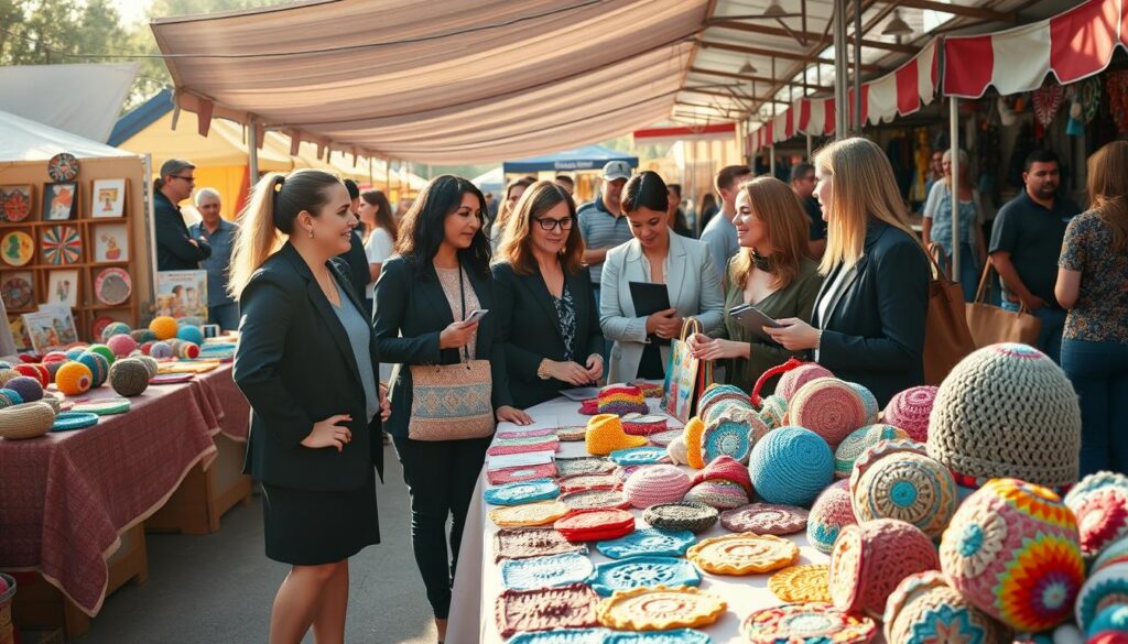 A vibrant artisan market scene showcasing beautifully crafted crochet pieces. In the foreground, a well-organized table displays a variety of colorful crochet items, including bags, coasters, and hats, all handmade with intricate patterns. The middle ground features artisans, a diverse group of adults dressed in professional business attire, engaging with customers and discussing their crochet techniques. In the background, colorful stalls and cheerful shoppers add life to the scene, illuminated by warm, soft sunlight filtering through a canopy above. Capture the bustling atmosphere and creativity, focusing on the craftsmanship and the connection between creators and their audience, evoking a sense of community and entrepreneurial spirit.