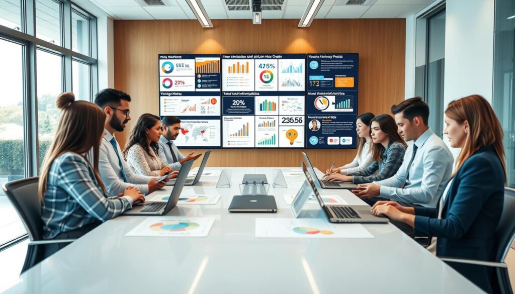 A vibrant digital workspace illustrating niche marketing and audience segmentation strategies. In the foreground, a diverse group of professionals in business attire is engaged around a sleek conference table, analyzing colorful graphs and charts on laptops and tablets. The middle ground features a large digital screen displaying detailed infographics on various niches, such as health, technology, and arts. The background includes a modern office setting with large windows allowing natural light to flood in, creating a bright and inviting atmosphere. The mood is collaborative and innovative, emphasizing the importance of targeted strategies in achieving popularity in digital profiles. Use a wide-angle lens to capture the whole scene, ensuring a dynamic composition.