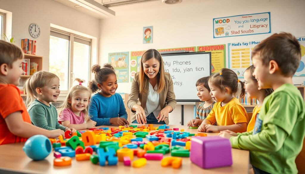 A vibrant educational scene showcasing the connection between oral language and literacy development. In the foreground, a diverse group of children, aged 5 to 7, are engaging in a phonics game, smiling and interacting excitedly. They are dressed in bright, casual clothing, surrounded by colorful letters and phonetic symbols scattered on a table. In the middle, a teacher, wearing professional attire, is guiding them with enthusiasm, pointing to an interactive whiteboard displaying sounds and words. The background features a well-lit classroom with shelves filled with children's books, educational posters about language and literacy on the walls, and large windows letting in warm sunlight. The atmosphere is uplifting, emphasizing collaboration and cognitive growth related to phonological awareness. Natural lighting brings warmth to the scene, creating an inviting and engaging learning environment.