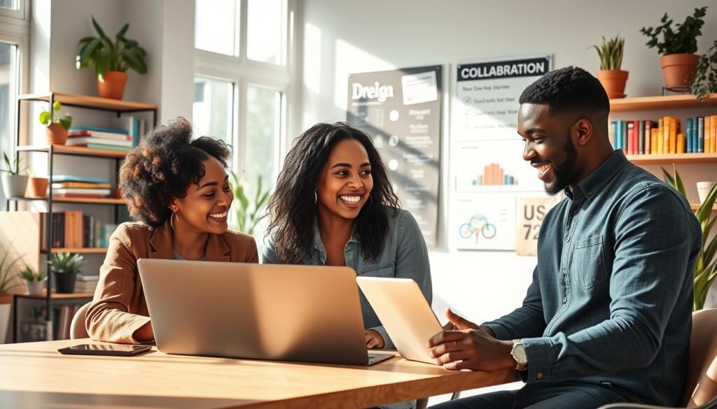 A vibrant workspace depicting a collaboration between micro-influencers, set in a modern, well-lit office environment. In the foreground, two diverse micro-influencers, one of Asian descent and the other Black, are engaged in an animated discussion over a laptop, showcasing genuine enthusiasm and creativity. Both are dressed in stylish yet professional attire. In the middle ground, shelves filled with colorful books and plants create a creative atmosphere, while a bulletin board displays various collaboration ideas and social media metrics. The background features large windows that let in natural light, casting soft shadows that enhance the warm, inviting mood. The overall composition emphasizes authentic engagement, teamwork, and the power of collaboration in building a strong online presence.