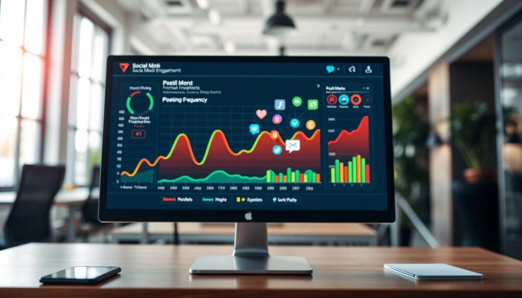 A visual representation of social media engagement analytics, showcasing a digital dashboard. In the foreground, a computer screen displays colorful graphs and charts illustrating posting frequency and engagement metrics, with vibrant red and green lines indicating fluctuations. The middle layer features abstract icons of social media platforms, like thumbs up and heart symbols, representing user interactions. In the background, a blurred office environment with a modern aesthetic, bathed in soft, natural light from large windows. The mood is professional yet dynamic, highlighting the importance of consistent posting in a visually striking way. Use a wide-angle perspective to create a sense of depth and engage the viewer with the complexity of social media dynamics. A visual representation of social media engagement analytics, showcasing a digital dashboard. In the foreground, a computer screen displays colorful graphs and charts illustrating posting frequency and engagement metrics, with vibrant red and green lines indicating fluctuations. The middle layer features abstract icons of social media platforms, like thumbs up and heart symbols, representing user interactions. In the background, a blurred office environment with a modern aesthetic, bathed in soft, natural light from large windows. The mood is professional yet dynamic, highlighting the importance of consistent posting in a visually striking way. Use a wide-angle perspective to create a sense of depth and engage the viewer with the complexity of social media dynamics.