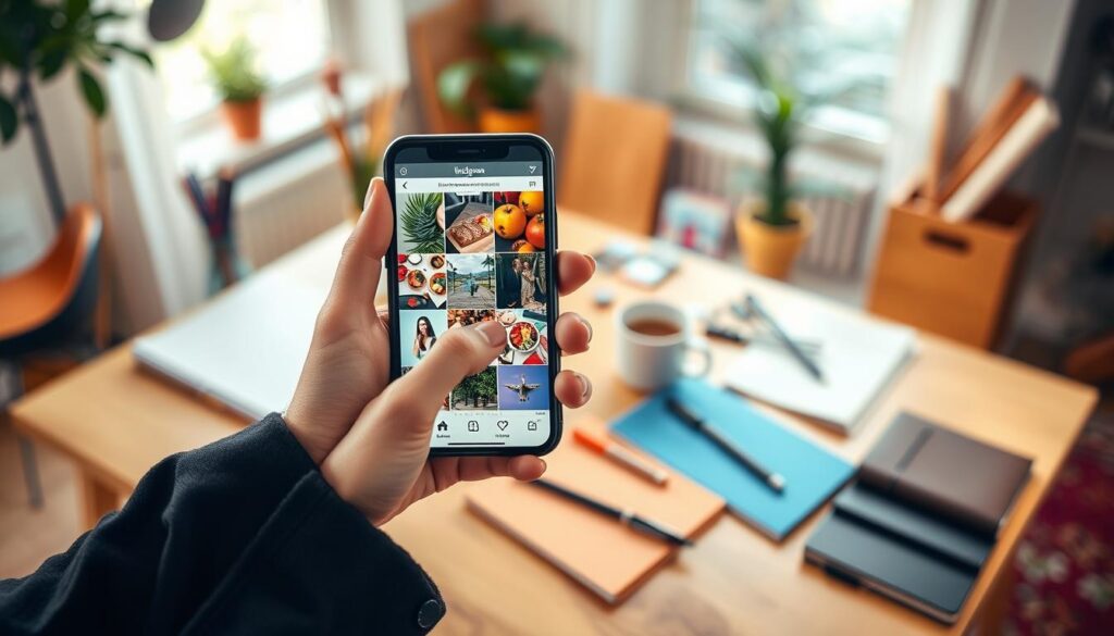 A visually appealing and harmonious Instagram feed being reorganized, with vibrant, colorful images of various subjects including nature, food, and fashion displayed on a stylish smartphone screen. In the foreground, a pair of hands delicately rearranging the photos on the phone, dressed in smart casual attire. In the middle, an aesthetic desk surrounded by art supplies, notebooks, and a trendy coffee cup. The background features a soft-focus, cozy indoor environment with warm lighting from a nearby window, evoking a creative and inviting atmosphere. The overall mood is inspiring and organized, conveying a sense of creativity and strategy in maintaining visual harmony on social media. A visually appealing and harmonious Instagram feed being reorganized, with vibrant, colorful images of various subjects including nature, food, and fashion displayed on a stylish smartphone screen. In the foreground, a pair of hands delicately rearranging the photos on the phone, dressed in smart casual attire. In the middle, an aesthetic desk surrounded by art supplies, notebooks, and a trendy coffee cup. The background features a soft-focus, cozy indoor environment with warm lighting from a nearby window, evoking a creative and inviting atmosphere. The overall mood is inspiring and organized, conveying a sense of creativity and strategy in maintaining visual harmony on social media.