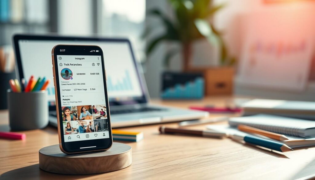 A visually engaging composition featuring a strategic Instagram post layout. In the foreground, a beautifully arranged smartphone displays an Instagram profile with vibrant imagery and selected hashtags. The middle ground illustrates a creative workspace, including a laptop, notebooks, and colorful stationery to emphasize content creation. In the background, a soft-focus social media analytics chart can be seen, reflecting audience engagement. The lighting is bright and inviting, showcasing a contemporary atmosphere, with natural daylight streaming through a window, enhancing the productivity vibe. The scene captures a sense of professionalism and creativity, conveying the importance of using hashtags effectively to reach new followers.