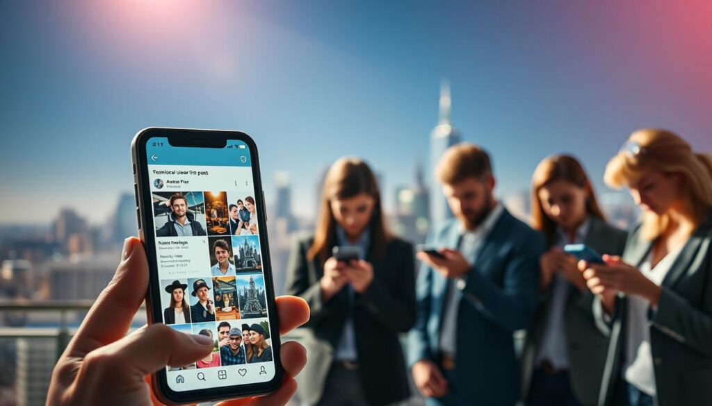 A visually striking composition showcasing the Instagram algorithm's impact on a user's first post. In the foreground, a smartphone displays an eye-catching Instagram feed, featuring vibrant images and engaging visuals representing various types of first posts. In the middle ground, diverse individuals in professional attire are seen interacting with their devices, engrossed in creating or viewing content. The background features a soft-focus city skyline that suggests connectivity and digital interaction. Natural lighting streams from one side, casting a warm glow that evokes a sense of excitement and opportunity. The overall mood is one of anticipation and innovation, inviting viewers to consider the significance of their online presence.