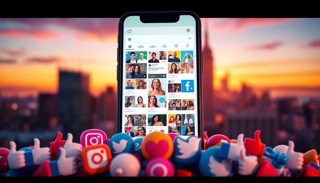 A visually striking digital artwork showcasing the theme of social media profiles and their intriguing characteristics. In the foreground, illustrate various stylized social media icons like Facebook, Instagram, and Twitter, surrounded by colorful thumbs up and heart emojis, symbolizing user engagement. In the middle ground, display a realistic smartphone with an eye-catching profile screen featuring a diverse range of social media profiles, each one distinct in style and appeal, highlighting elements like vibrant profile pictures and creative bios. In the background, create a blurred cityscape at sunset, with warm orange and purple hues reflecting the growth and digital interactivity of social media. Use soft, inviting lighting to convey a sense of curiosity and connection. Aim for a harmonious and engaging atmosphere that draws viewers in.