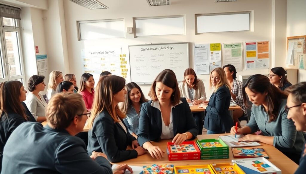 A warm and inviting classroom setting focused on teacher training for educational games. In the foreground, a diverse group of teachers in professional attire, actively engaged in a hands-on workshop, surrounded by colorful educational games and materials. In the middle background, a large whiteboard displays interactive game strategies, while charts and posters about game-based learning adorn the walls. Soft, natural lighting filters through large windows, creating an uplifting atmosphere. The scene captures a spirit of collaboration and creativity, illustrating the importance of ongoing professional development in utilizing pedagogical games effectively. The angle is slightly elevated, providing a comprehensive view of the engaging classroom dynamic.