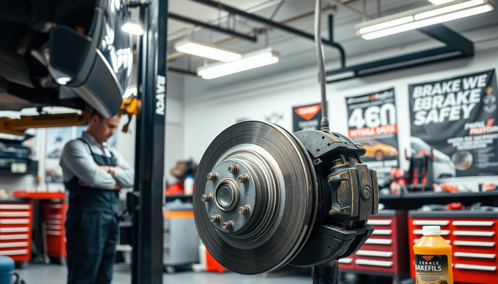 A well-lit automotive workshop featuring a mechanic in professional attire inspecting a car's brake system. In the foreground, the mechanic stands next to a hydraulic lift, focused on a brake assembly, with tools and brake fluid nearby. In the middle, a disassembled wheel reveals the brake caliper and rotor, showcasing signs of wear and tear. The background includes a cluttered workbench with various tools, and automotive posters related to brake maintenance. Soft, diffused lighting from overhead fluorescent lights creates a professional atmosphere, emphasizing the importance of brake safety. The scene conveys a sense of diligence and expertise, ideal for illustrating brake maintenance and inspection.