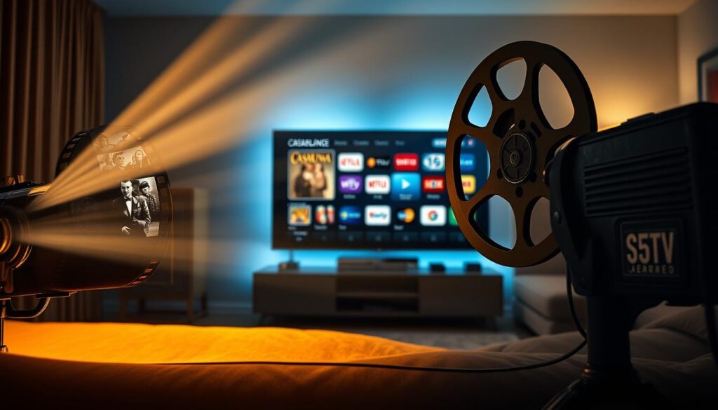 An artistic representation of classic cinema moments juxtaposed with modern streaming technology. In the foreground, a vintage film projector emits beams of light, illuminating iconic scenes from classic films like "Casablanca" and "Gone with the Wind" displayed on a film reel. The middle ground features a sleek modern living room setting, with a contemporary flat-screen TV showcasing an array of streaming app logos, suggesting accessibility. In the background, soft ambient lighting creates a cozy, inviting atmosphere, reminiscent of a classic cinema experience. The overall mood should feel nostalgic yet innovative, blending the charm of yesteryear with today's streaming culture, while using a warm color palette and cinematic lighting to evoke a sense of timelessness.
