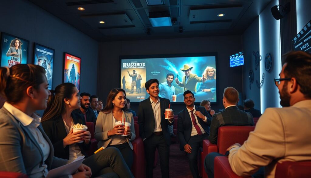 An engaging cinema-themed scene showcasing the essence of national films available on IC Play. In the foreground, a diverse group of individuals, dressed in professional business attire, eagerly discuss a film while holding popcorn and drinks. The middle features a cozy, modern cinema environment with plush seating, vibrant movie posters showcasing various acclaimed films, and a large screen illuminated with dynamic visuals that represent the richness of Brazilian cinema. In the background, soft ambient lighting creates a warm and inviting atmosphere, while film reels and clapperboards subtly adorn the walls, symbolizing the creativity and artistry of national storytelling. The angle should capture the excitement and enthusiasm of the audience, evoking a sense of connection to the films being celebrated.