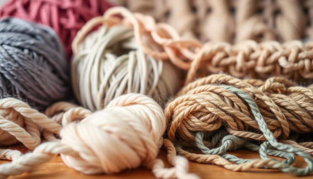 Visualize a beautifully arranged display of various yarns and threads, showcasing their textures and colors. In the foreground, a soft cotton yarn in pastel shades gently unravels, allowing viewers to see its smooth surface. Next to it, a vibrant wool thread, rich in texture, embodies warmth and durability. In the middle ground, a selection of different fibers such as acrylic and linen are artfully intertwined, illustrating their unique characteristics. The background features a softly blurred crochet project, hinting at the textured patterns that can be created with these threads. Use warm, natural lighting to enhance the colors and textures. The mood is inviting and educational, emphasizing the tactile quality and durability of each type of yarn. Capture a subtle depth of field to draw attention to the yarns while keeping the background gently blurred.