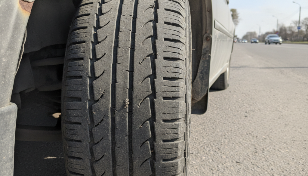 A close-up image of a worn car tire showing irregular wear patterns on the tread, emphasizing areas of excessive baldness and uneven surfaces. The foreground should feature the tire prominently, highlighting its texture and any visible defects. In the middle ground, include a partially obscured vehicle with a focus on the wheel well, suggesting an overall neglect of tire maintenance. The background can depict a road scene, slightly blurred, to provide context without distraction. Use natural sunlight for lighting, casting soft shadows that enhance the tire's details. The atmosphere should evoke a sense of caution, underscoring the importance of vehicle maintenance in a realistic and relatable environment. A close-up image of a worn car tire showing irregular wear patterns on the tread, emphasizing areas of excessive baldness and uneven surfaces. The foreground should feature the tire prominently, highlighting its texture and any visible defects. In the middle ground, include a partially obscured vehicle with a focus on the wheel well, suggesting an overall neglect of tire maintenance. The background can depict a road scene, slightly blurred, to provide context without distraction. Use natural sunlight for lighting, casting soft shadows that enhance the tire's details. The atmosphere should evoke a sense of caution, underscoring the importance of vehicle maintenance in a realistic and relatable environment.