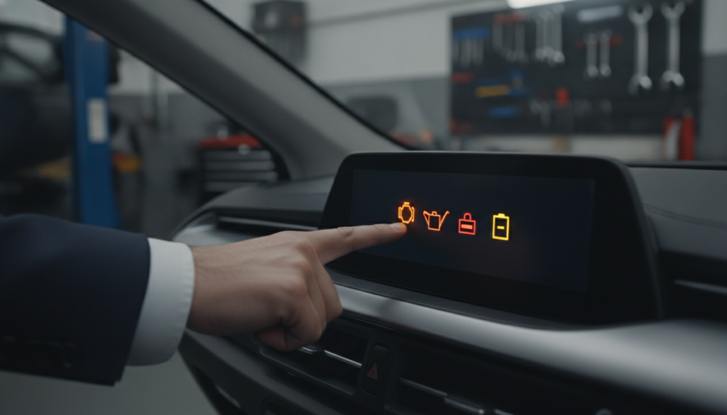 A close-up view of a car dashboard displaying warning lights for maintenance, such as an engine symbol, oil light, and battery alert, illuminated in vibrant colors against the dark background of the instrument panel. The dashboard is clean and modern, with smooth lines and digital displays enhancing its sleek look. In the foreground, a hand, wearing a professional business shirt, gestures towards the warning lights, emphasizing the importance of vehicle maintenance. The lighting is bright but soft, creating an informative yet calm atmosphere. In the background, a blurred view of a garage setting with tools and a vehicle lift, suggesting a professional maintenance environment, completes the scene. The image captures a sense of urgency and professionalism, highlighting the significance of preventive maintenance for vehicle reliability.