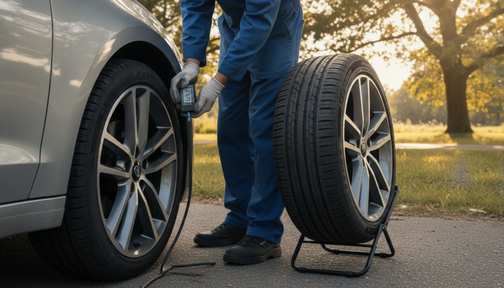 A close-up view of a driver checking tire pressure with a digital gauge on a modern car, showcasing a well-maintained tire and spare tire (estepe) positioned beside it. The foreground captures the driver's hands in a professional mechanic outfit, emphasizing focus and care. In the middle, the car’s wheel and tire display clear details, showcasing proper air pressure and tread depth. The background features a serene roadside setting with soft sunlight filtering through trees, creating a calm and safe atmosphere. The lighting is warm and inviting, enhancing the focus on the tire maintenance theme. The angle is slightly above eye level, providing a comprehensive view of the inspection process, creating a sense of diligence and preparedness for the journey ahead. A close-up view of a driver checking tire pressure with a digital gauge on a modern car, showcasing a well-maintained tire and spare tire (estepe) positioned beside it. The foreground captures the driver's hands in a professional mechanic outfit, emphasizing focus and care. In the middle, the car’s wheel and tire display clear details, showcasing proper air pressure and tread depth. The background features a serene roadside setting with soft sunlight filtering through trees, creating a calm and safe atmosphere. The lighting is warm and inviting, enhancing the focus on the tire maintenance theme. The angle is slightly above eye level, providing a comprehensive view of the inspection process, creating a sense of diligence and preparedness for the journey ahead.