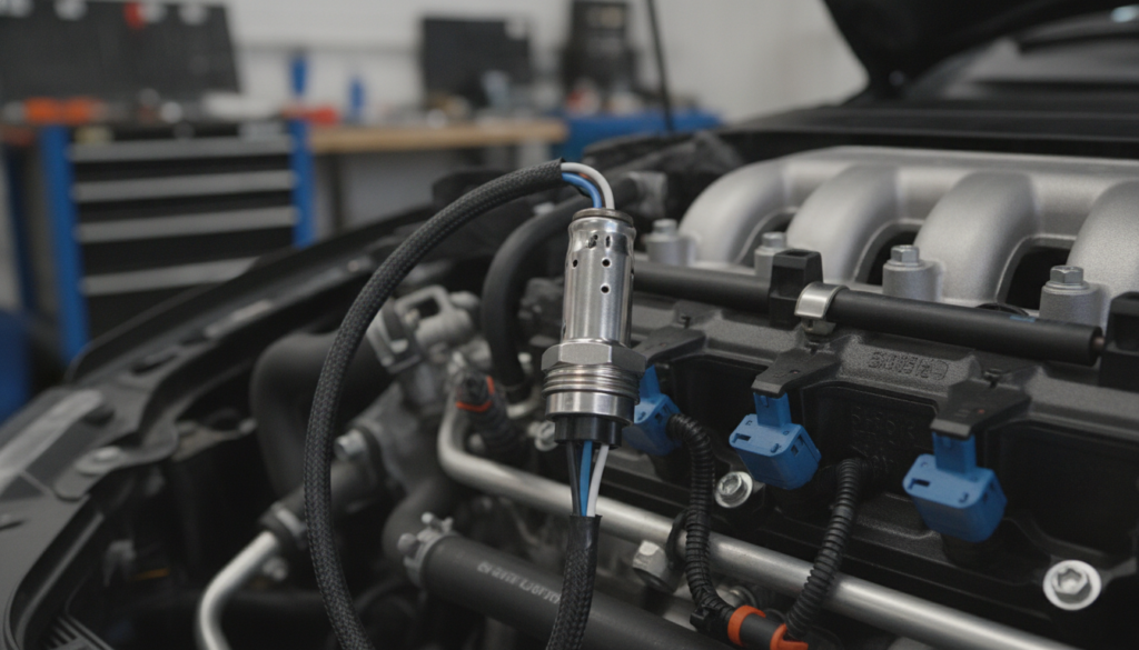 A close-up view of an automotive lambda sensor, prominently displayed in the foreground, showcasing intricate details like the metallic components and wiring. In the middle ground, depict a portion of an engine bay, with cables and other sensors, hinting at a complex electronic fuel injection system. The background features a blurred view of an automotive workshop with tools and equipment, emphasizing a technical atmosphere. Use soft, diffused lighting to create a focus on the lambda sensor, enhancing its textures and reflecting surfaces. Aim for a professional, informative mood, suitable for an automotive analysis, without any distractions.