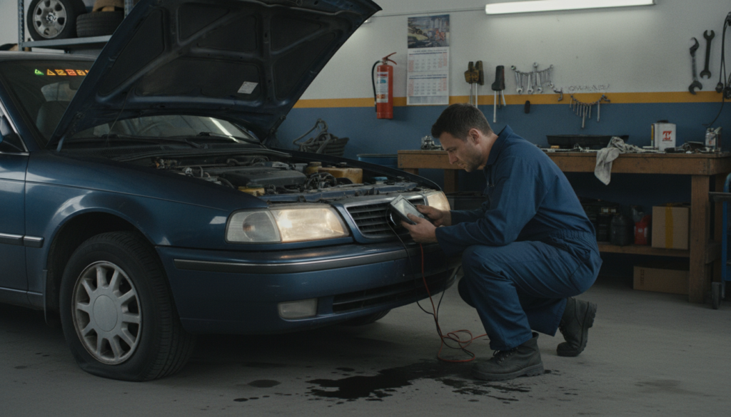 A vehicle parked in a well-lit garage, showcasing evident signs of wear and tear, such as a low tire, oil stains on the ground, and warning lights illuminated on the dashboard. In the foreground, a mechanic in a blue jumpsuit inspects the engine with a focused expression, holding a diagnostic tool. The middle ground features various maintenance tools, like wrenches and oil cans, scattered on a workbench, emphasizing a garage environment. The background reveals shelves filled with spare parts and a wall calendar with maintenance reminders. The lighting is bright and clear, creating an informative and urgent mood, suggesting the importance of addressing vehicle issues. The image should not include any text, captions, or watermarks.